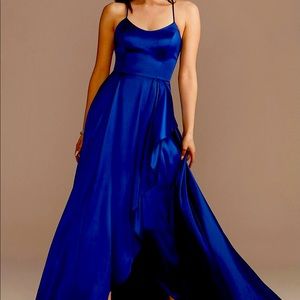 Long A-Line Satin Scoopneck Spaghetti Strap Dress